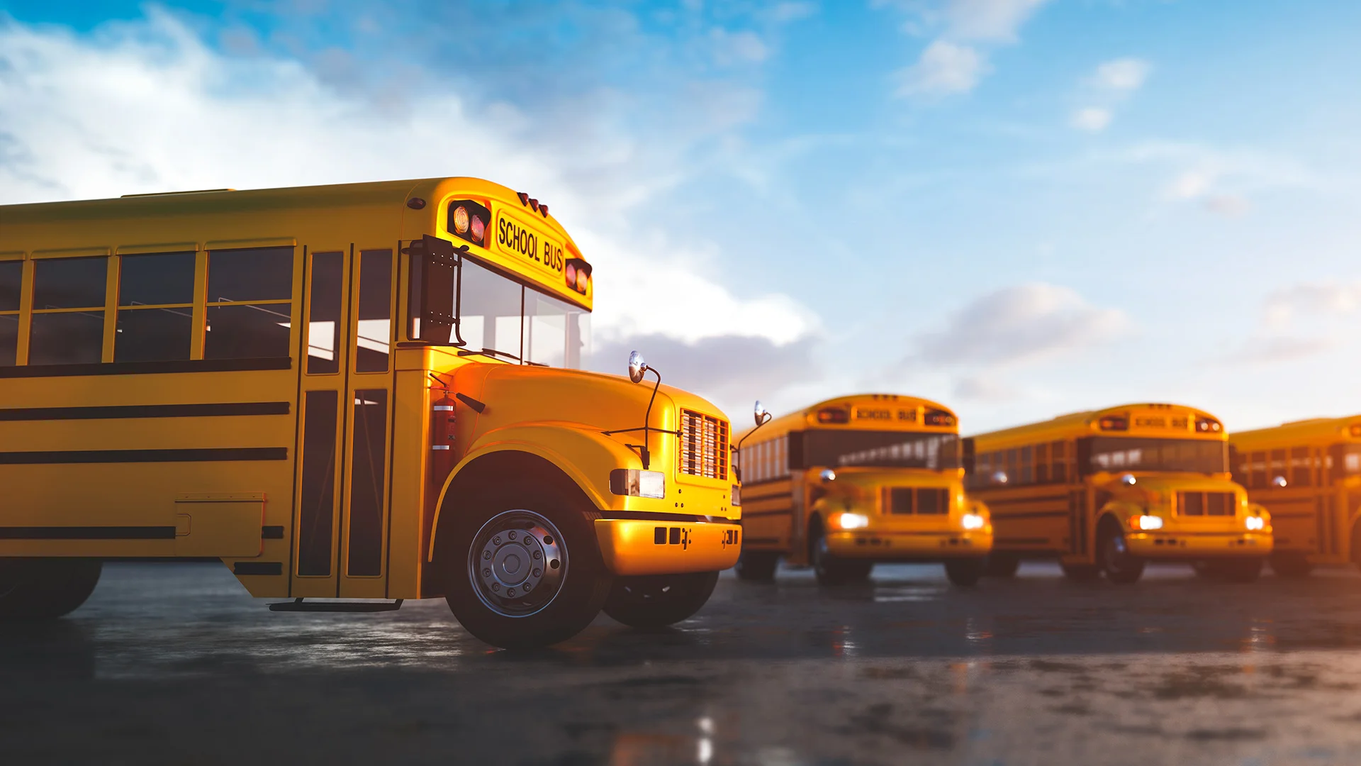 Row of yellow school buses parked at sunset