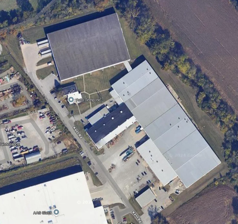 Aerial view of the Auto Temp tempered glass manufacturing plant
